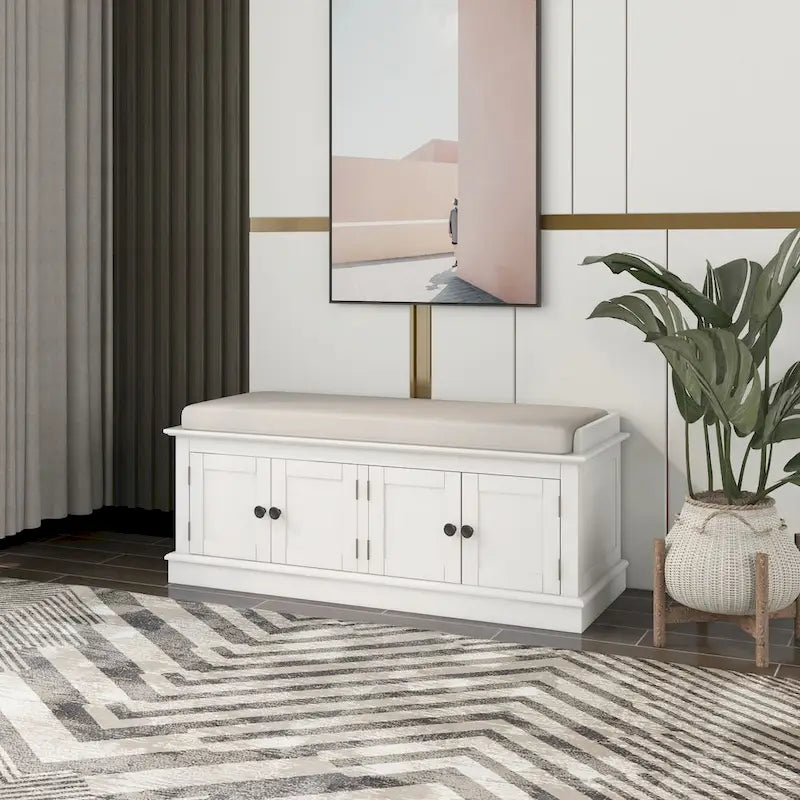 Banc de rangement avec 4 portes, étagères réglables et coussin amovible, entrée
