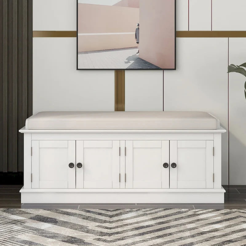 Banc de rangement avec 4 portes, étagères réglables et coussin amovible, entrée