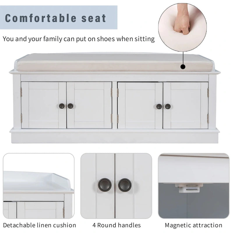 Banc de rangement avec 4 portes, étagères réglables et coussin amovible, entrée