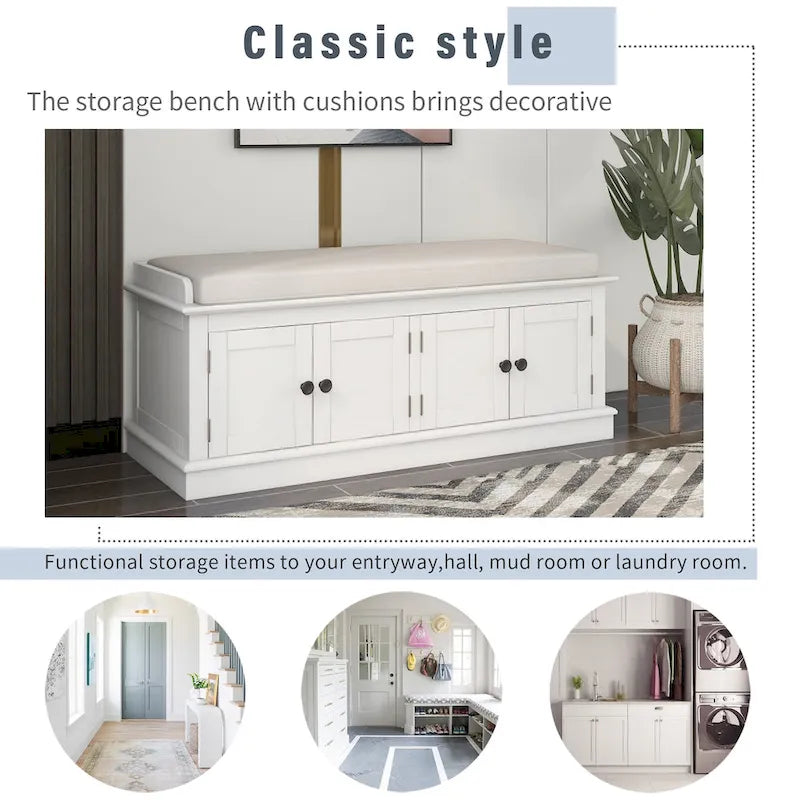 Banc de rangement avec 4 portes, étagères réglables et coussin amovible, entrée