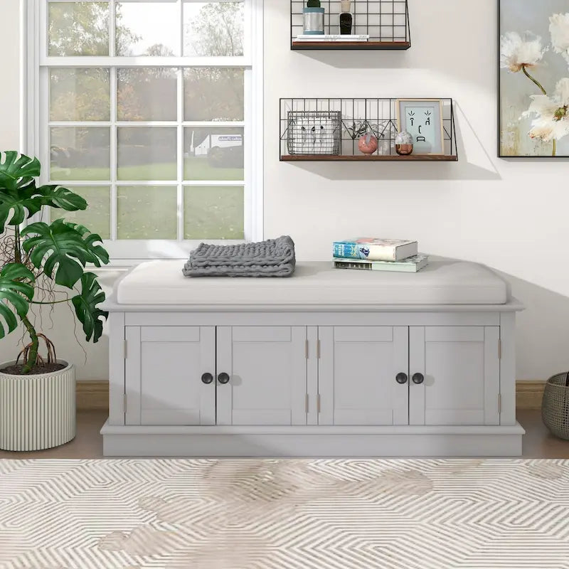 Banc de rangement avec 4 portes, étagères réglables et coussin amovible, entrée