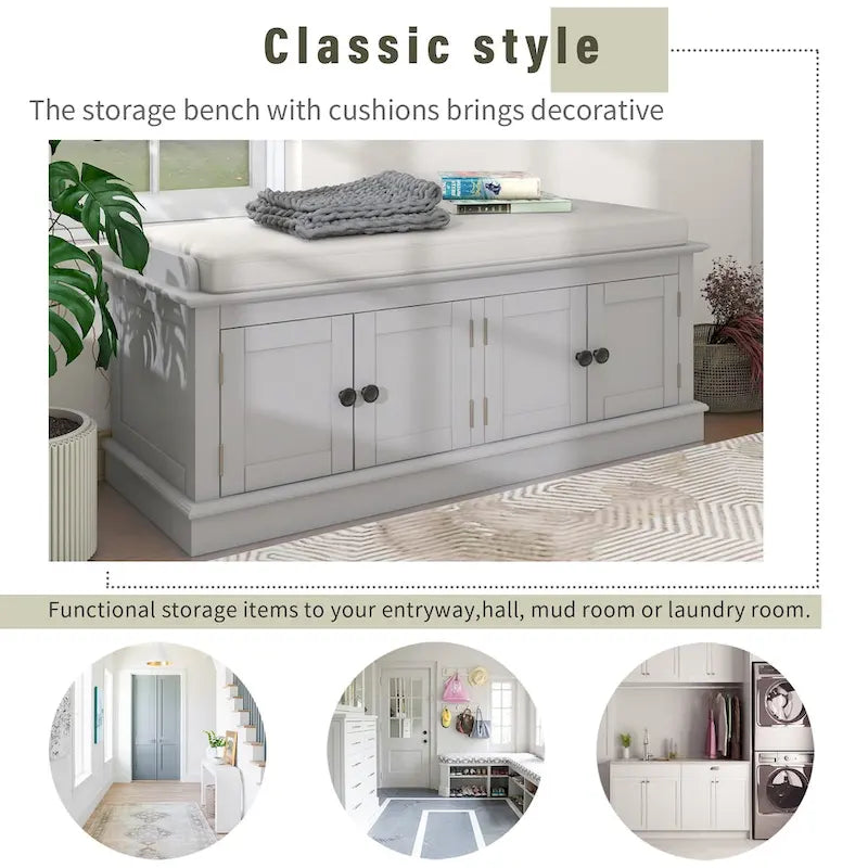 Banc de rangement avec 4 portes, étagères réglables et coussin amovible, entrée