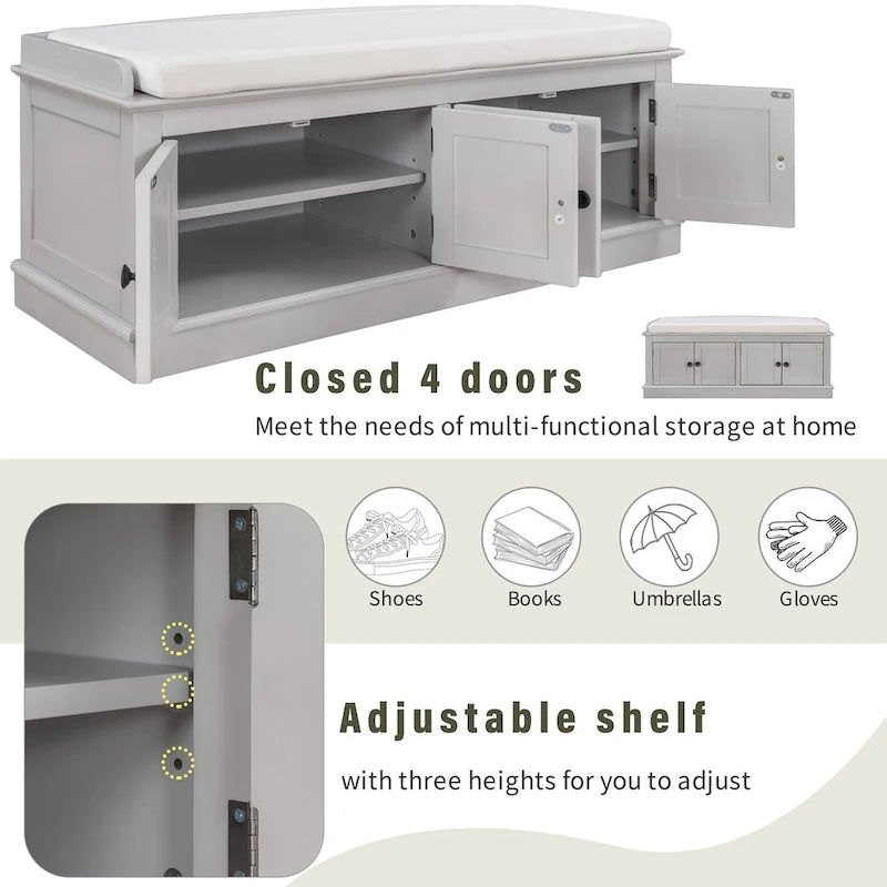 Banc de rangement avec 4 portes, étagères réglables et coussin amovible, entrée