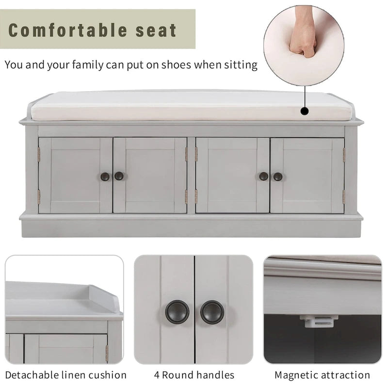 Banc de rangement avec 4 portes, étagères réglables et coussin amovible, entrée