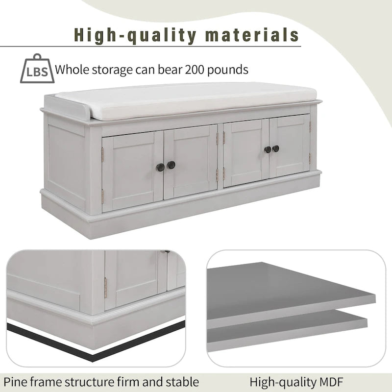 Banc de rangement avec 4 portes, étagères réglables et coussin amovible, entrée