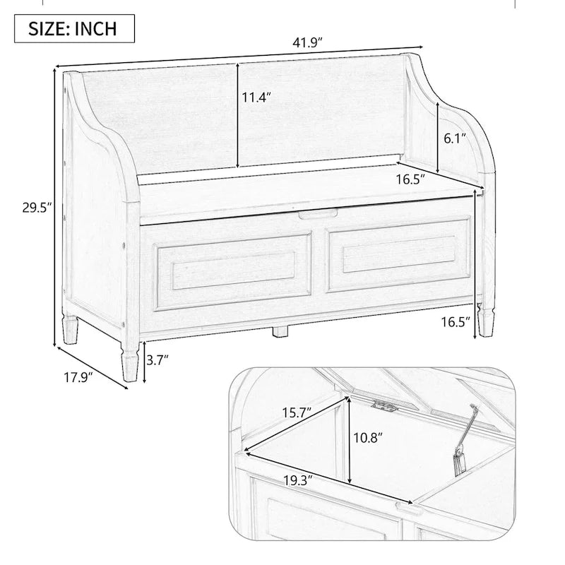 Banc de rangement rustique à dossier haut avec rangement dissimulé, 42L x 18W x 29.5H, 250 lb