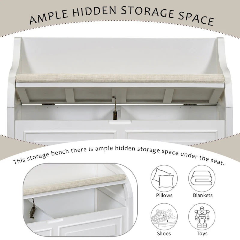 Banc de rangement rustique à dossier haut avec rangement dissimulé, 42L x 18W x 29.5H, 250 lb
