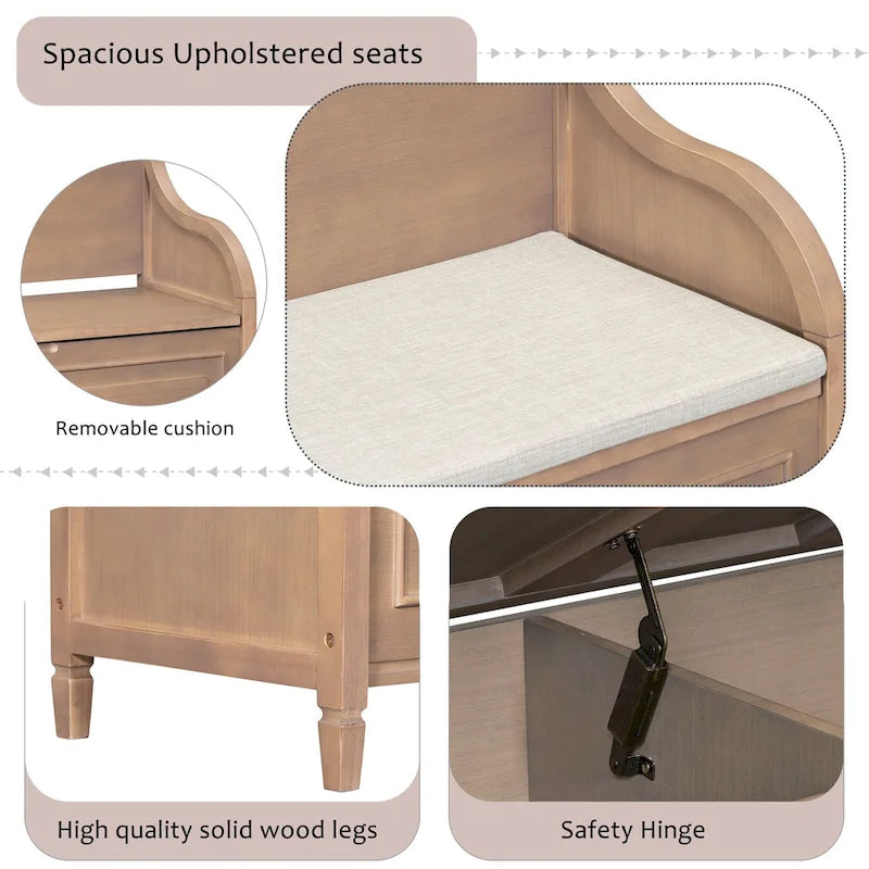 Banc de rangement rustique à dossier haut avec rangement dissimulé, 42L x 18W x 29.5H, 250 lb