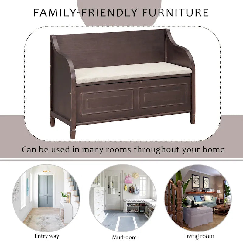 Banc de rangement rustique à dossier haut avec rangement dissimulé, 42L x 18W x 29.5H, 250 lb