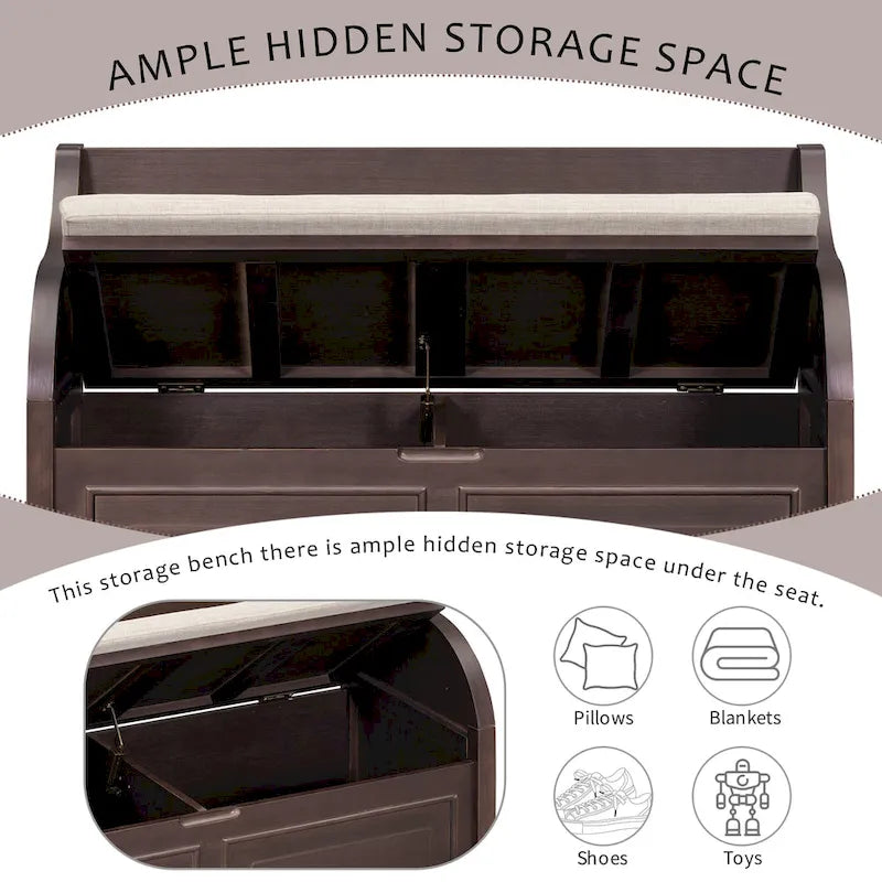 Banc de rangement rustique à dossier haut avec rangement dissimulé, 42L x 18W x 29.5H, 250 lb