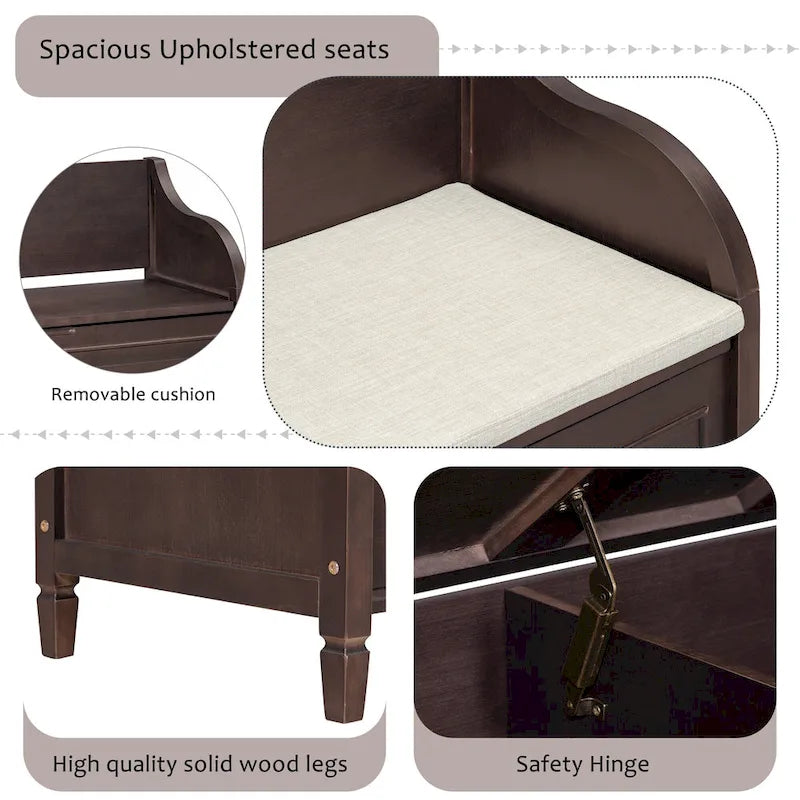 Banc de rangement rustique à dossier haut avec rangement dissimulé, 42L x 18W x 29.5H, 250 lb