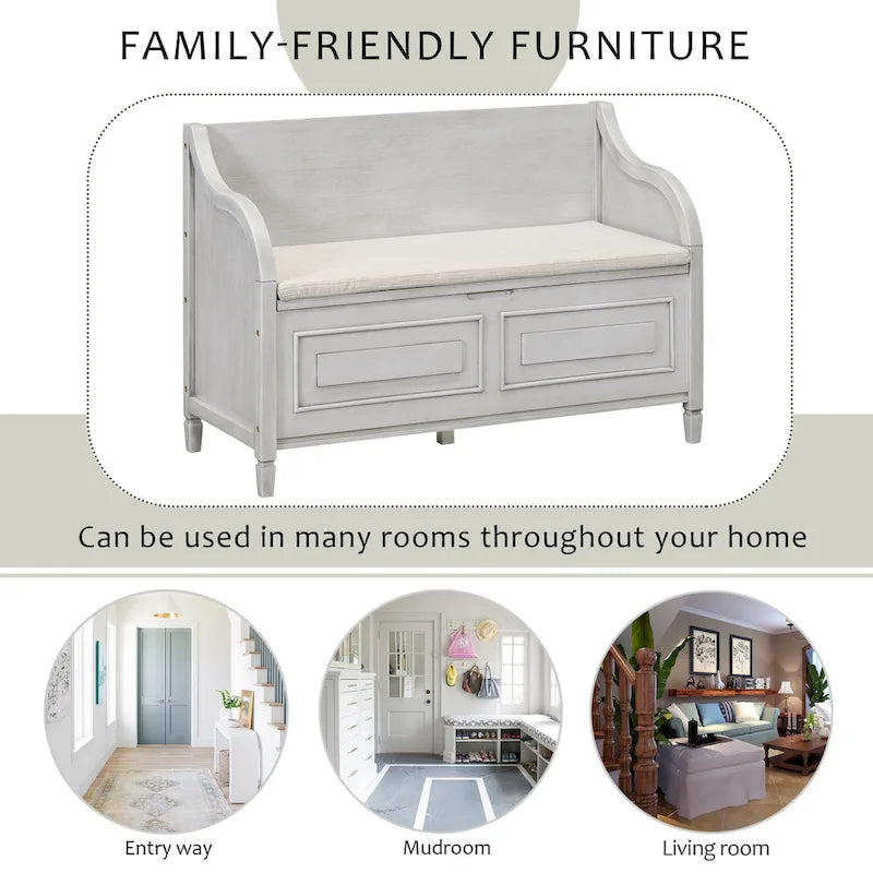 Banc de rangement rustique à dossier haut avec rangement dissimulé, 42L x 18W x 29.5H, 250 lb
