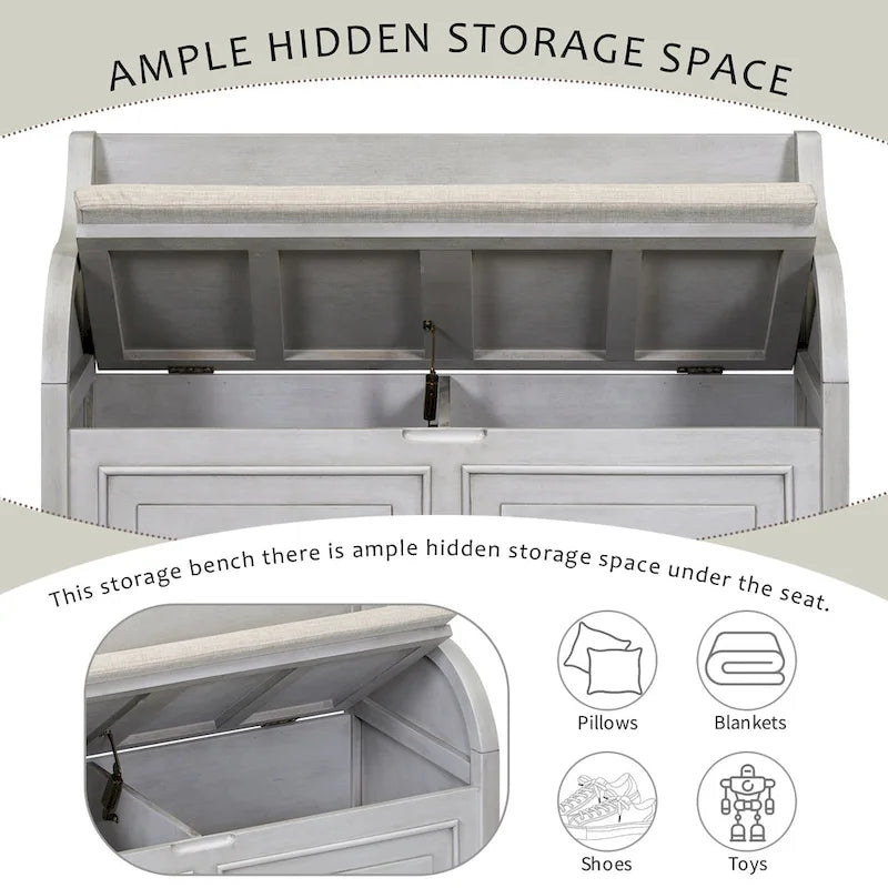 Banc de rangement rustique à dossier haut avec rangement dissimulé, 42L x 18W x 29.5H, 250 lb