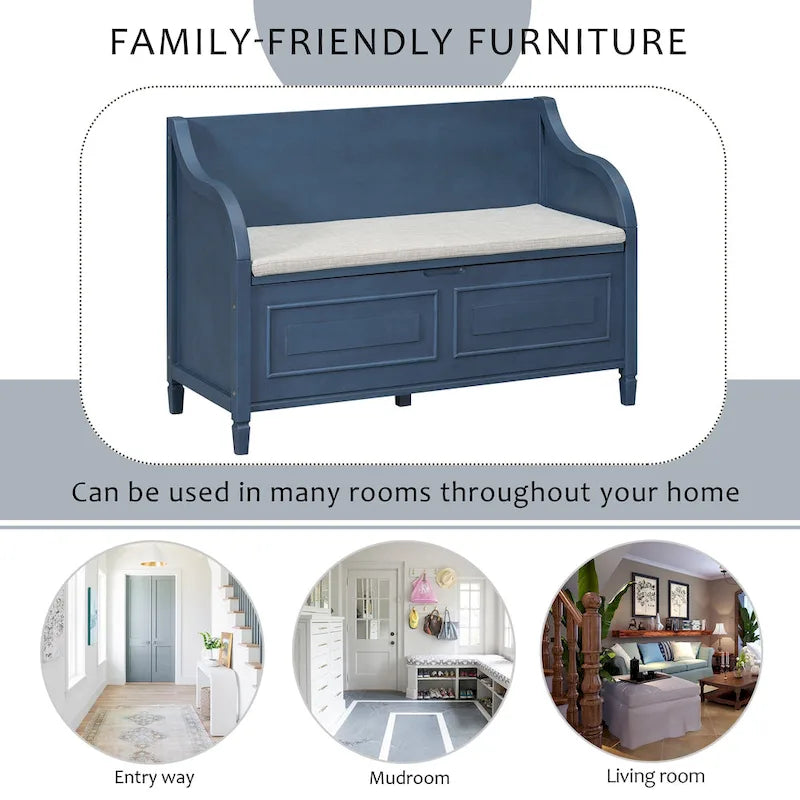Banc de rangement rustique à dossier haut avec rangement dissimulé, 42L x 18W x 29.5H, 250 lb