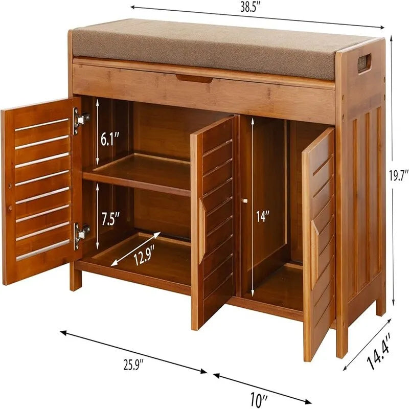 Meuble à chaussures en bambou avec coussin et rangement dissimulé, 38,5L x 14,2P x 20,8H