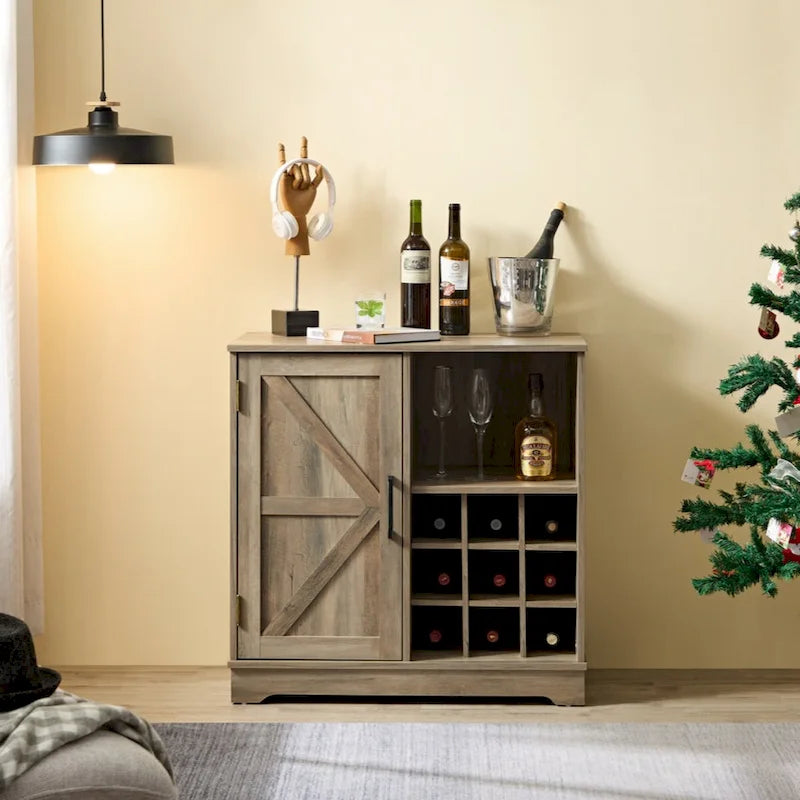 Farmhouse Coffee Bar Cabinet Bar Cabinet with Wine Rack Barn Door Buffet Sideboard Cabinet with Drawer