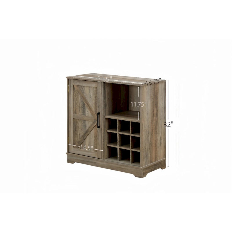 Meuble de bar à café de ferme avec casier à vin, porte de grange, tiroir et buffet