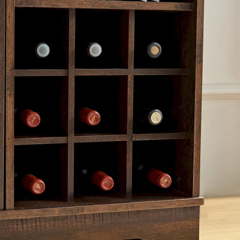Meuble de bar à café de ferme avec casier à vin, porte de grange, tiroir et buffet