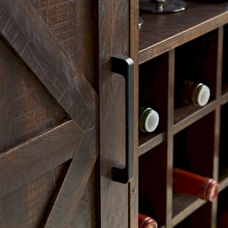 Meuble de bar à café de ferme avec casier à vin, porte de grange, tiroir et buffet