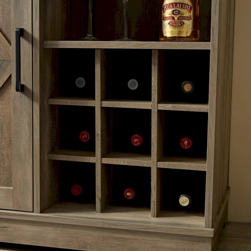 Meuble de bar à café de ferme avec casier à vin, porte de grange, tiroir et buffet