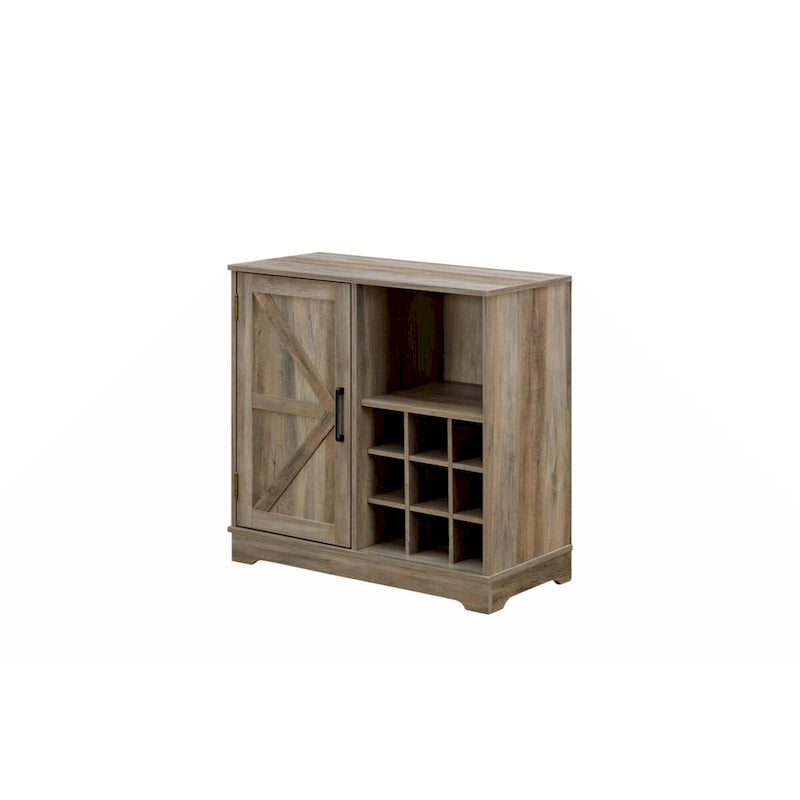 Meuble de bar à café de ferme avec casier à vin, porte de grange, tiroir et buffet