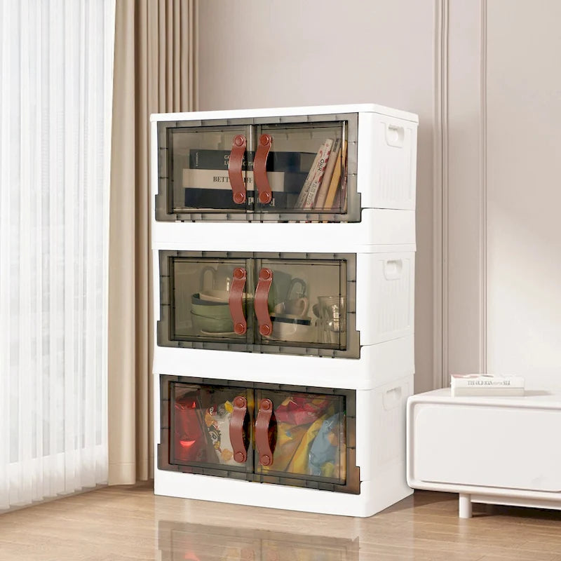 Meuble de rangement empilable en plastique avec couvercles, roues et ouverture latérale, 113,5 L