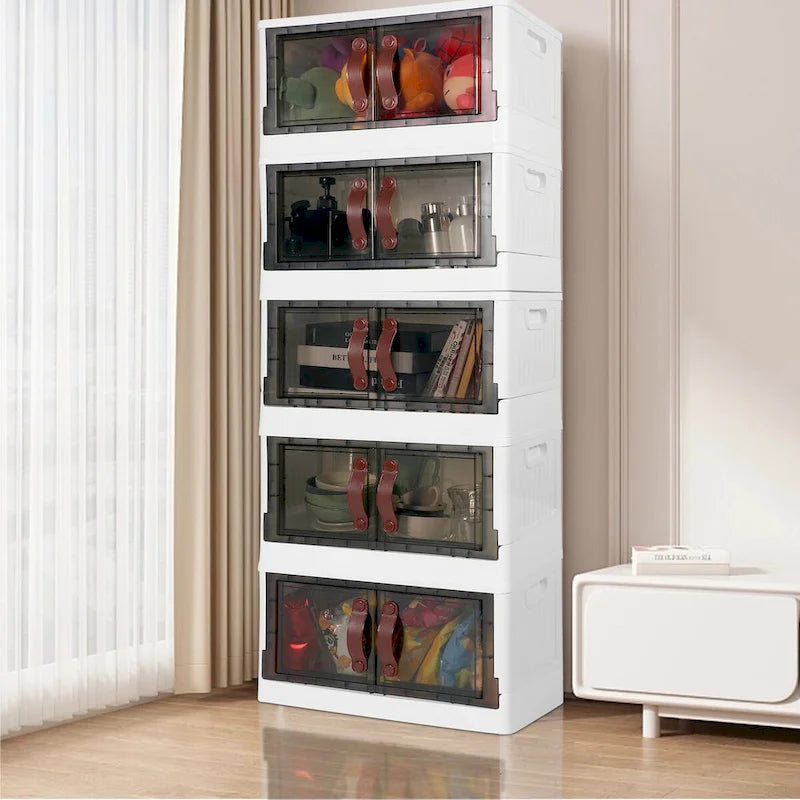 Meuble de rangement empilable en plastique avec couvercles, roues et ouverture latérale, 113,5 L