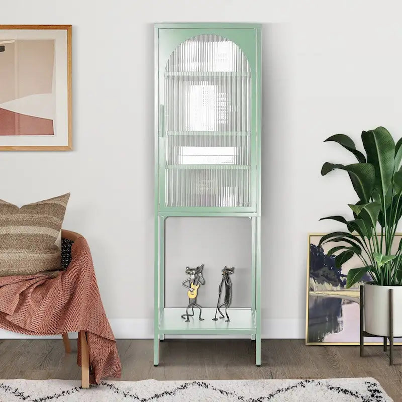 Meuble de rangement avec porte en verre trempé et 3 étagères réglables, design cannelé vintage