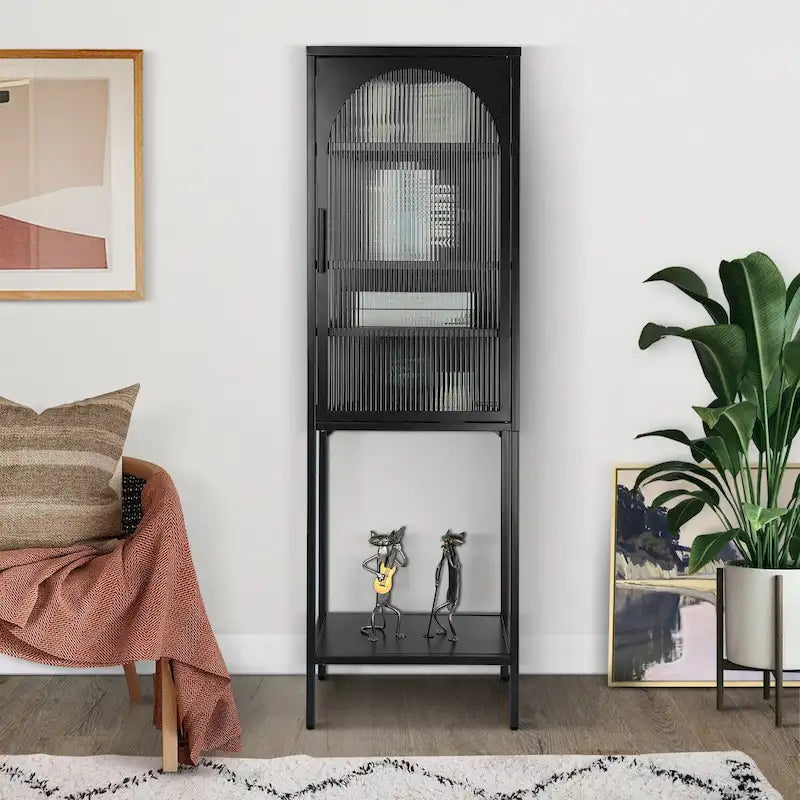 Meuble de rangement avec porte en verre trempé et 3 étagères réglables, design cannelé vintage
