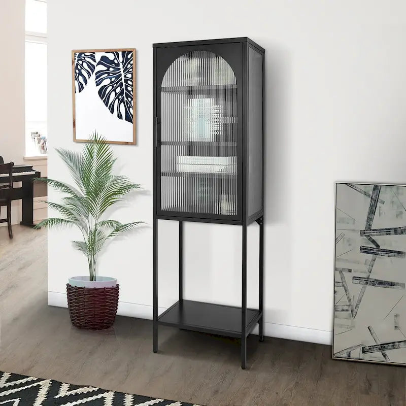 Meuble de rangement avec porte en verre trempé et 3 étagères réglables, design cannelé vintage