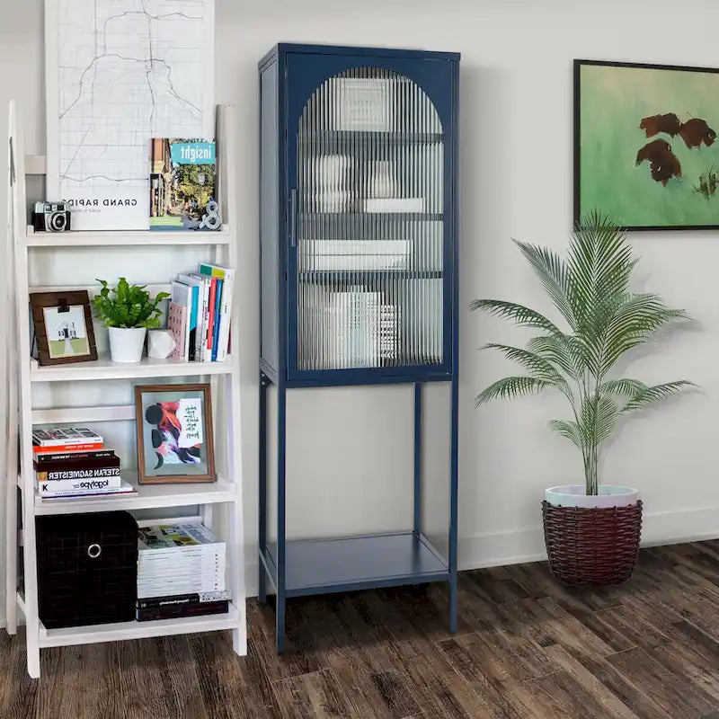 Meuble de rangement avec porte en verre trempé et 3 étagères réglables, design cannelé vintage