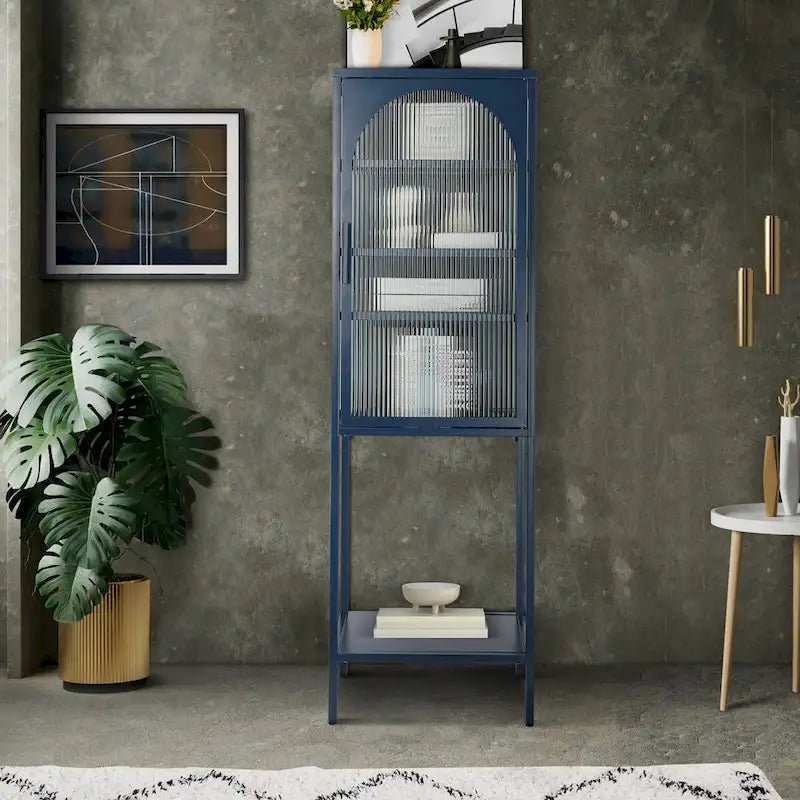 Meuble de rangement avec porte en verre trempé et 3 étagères réglables, design cannelé vintage
