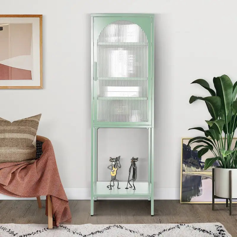 Meuble de rangement avec porte en verre trempé et 3 étagères réglables, design cannelé vintage