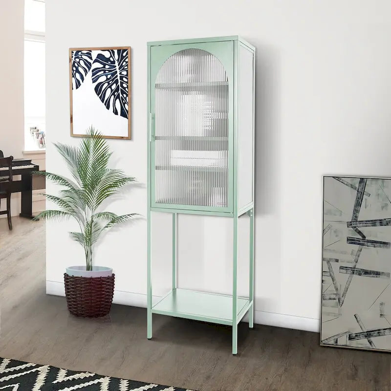 Meuble de rangement avec porte en verre trempé et 3 étagères réglables, design cannelé vintage
