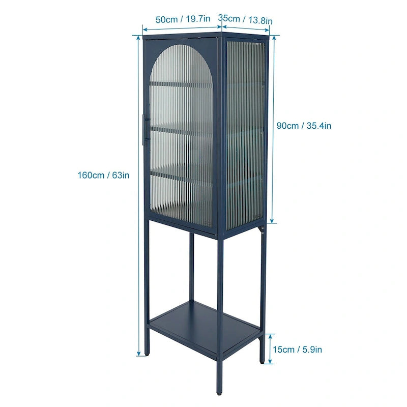 Meuble de rangement avec porte en verre trempé et 3 étagères réglables, design cannelé vintage