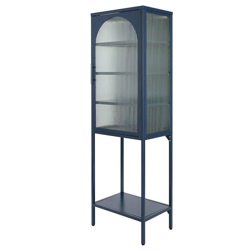 Meuble de rangement avec porte en verre trempé et 3 étagères réglables, design cannelé vintage