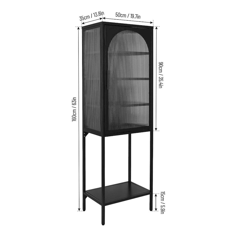 Meuble de rangement avec porte en verre trempé et 3 étagères réglables, design cannelé vintage
