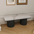 Banc rembourré avec pieds épais noirs, tissu bouclé gris clair, capacité 118 kg.