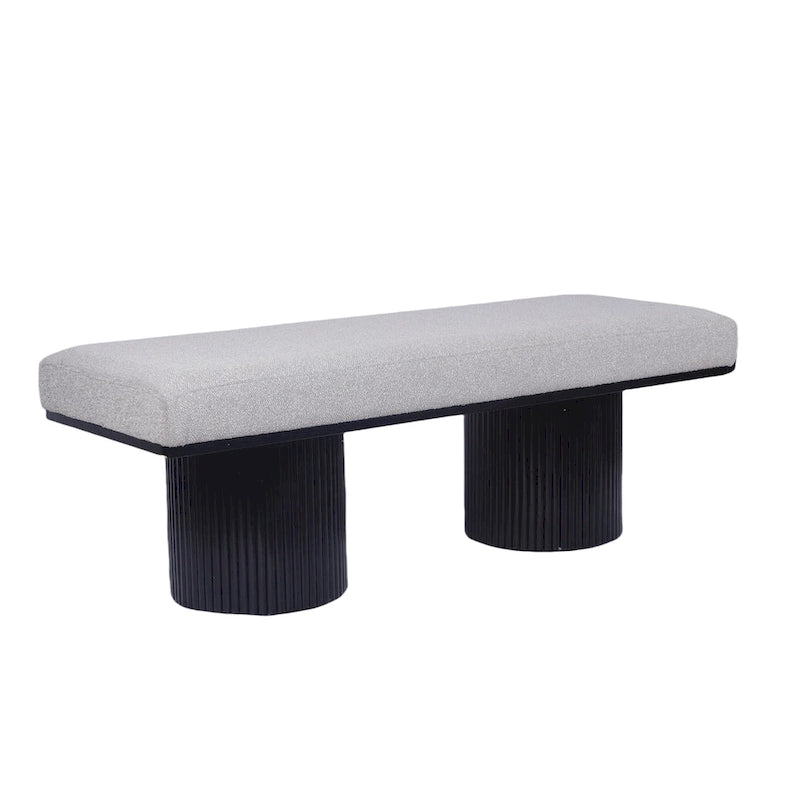 Banc rembourré avec pieds épais noirs, tissu bouclé gris clair, capacité 118 kg.