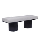 Banc rembourré avec pieds épais noirs, tissu bouclé gris clair, capacité 118 kg.