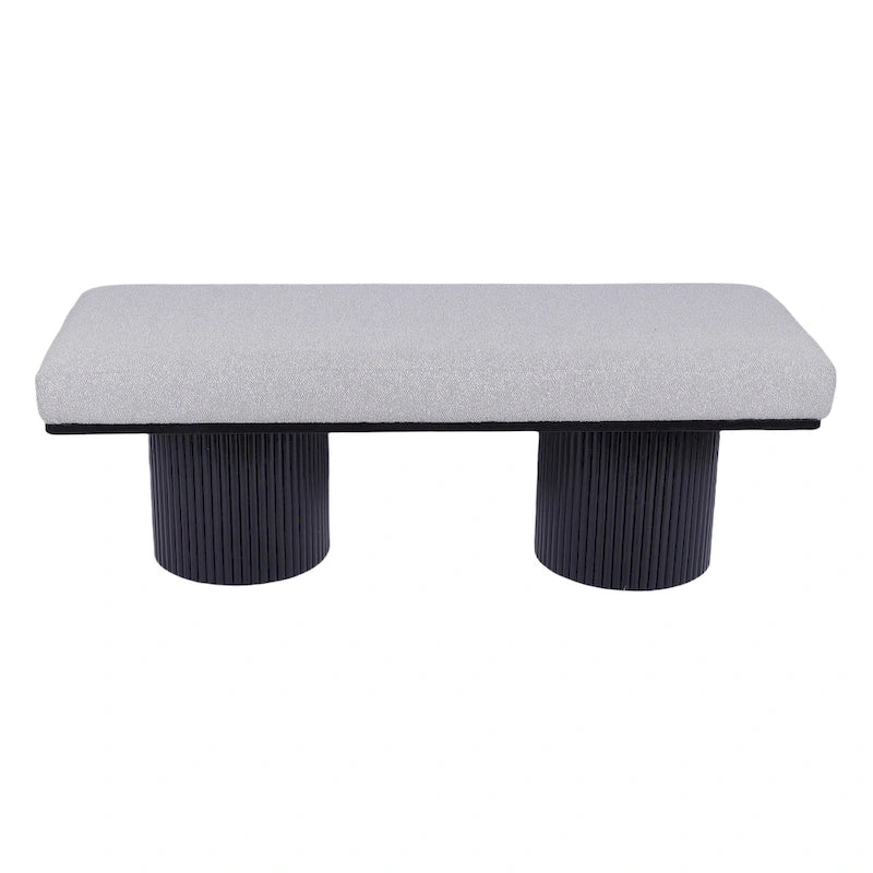 Banc rembourré avec pieds épais noirs, tissu bouclé gris clair, capacité 118 kg.