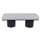Banc rembourré avec pieds épais noirs, tissu bouclé gris clair, capacité 118 kg.