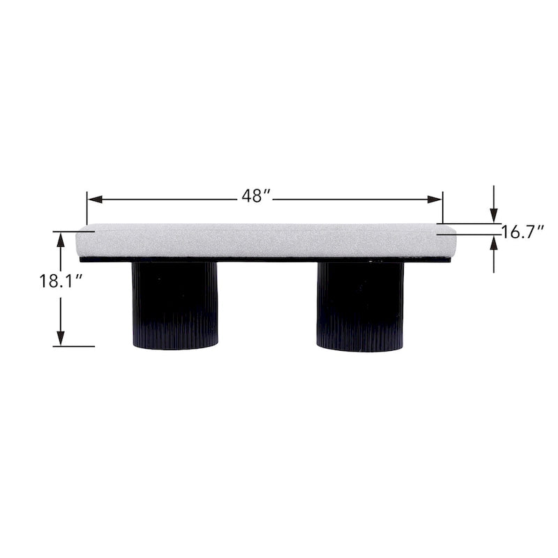 Banc rembourré avec pieds épais noirs, tissu bouclé gris clair, capacité 118 kg.