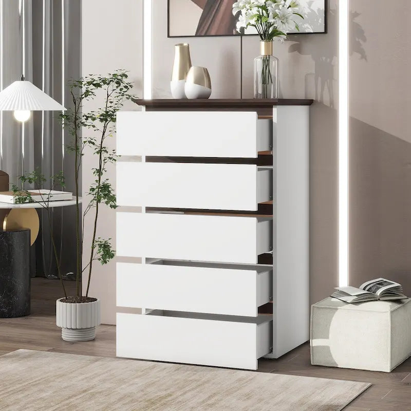 Commode Blanche Haute à 5 Tiroirs pour Chambre, 23,62L x 39,4H pouces
