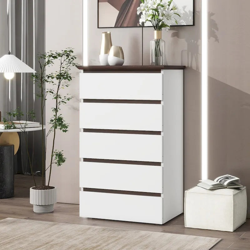 Commode Blanche Haute à 5 Tiroirs pour Chambre, 23,62L x 39,4H pouces