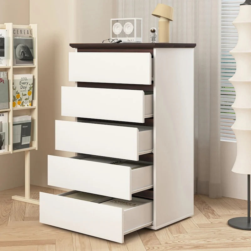 Commode Blanche Haute à 5 Tiroirs pour Chambre, 23,62L x 39,4H pouces