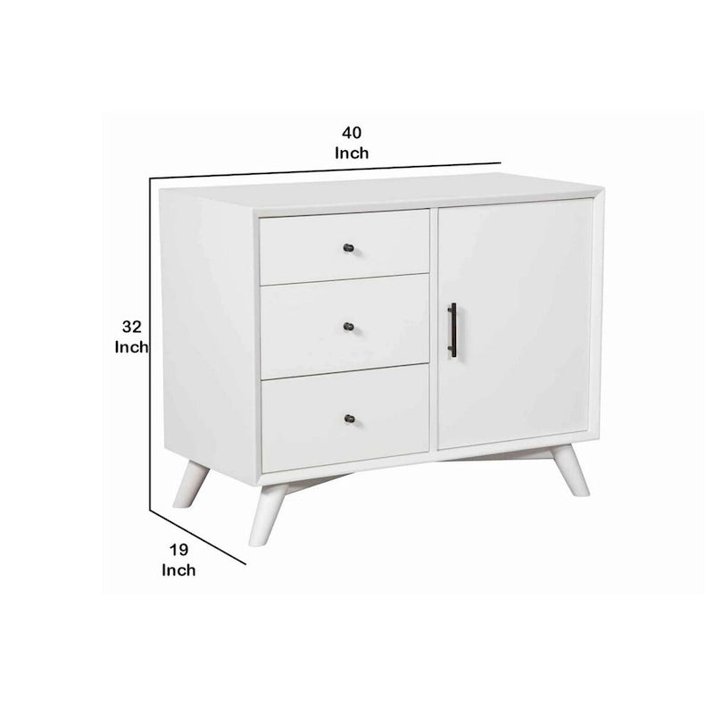 Commode d'appoint blanche avec 3 tiroirs et 1 porte, style moderne du milieu du siècle, en bois massif