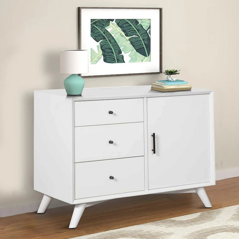 Commode d'appoint blanche avec 3 tiroirs et 1 porte, style moderne du milieu du siècle, en bois massif