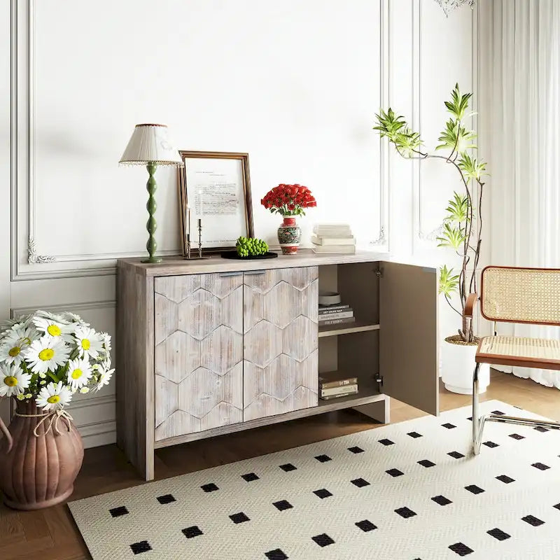 Bahut en bois à 3 portes au style Campagne avec motif hexagonal