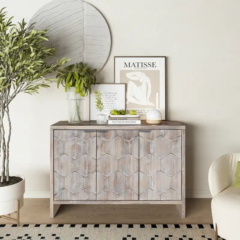 Bahut en bois à 3 portes au style Campagne avec motif hexagonal